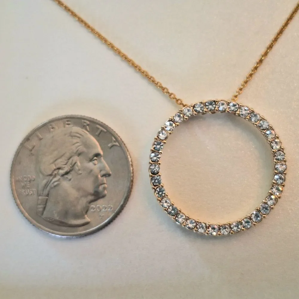 Trifari Circle Pendant Necklace Eternity Link Crystals on Goldtone Chain, Boxed